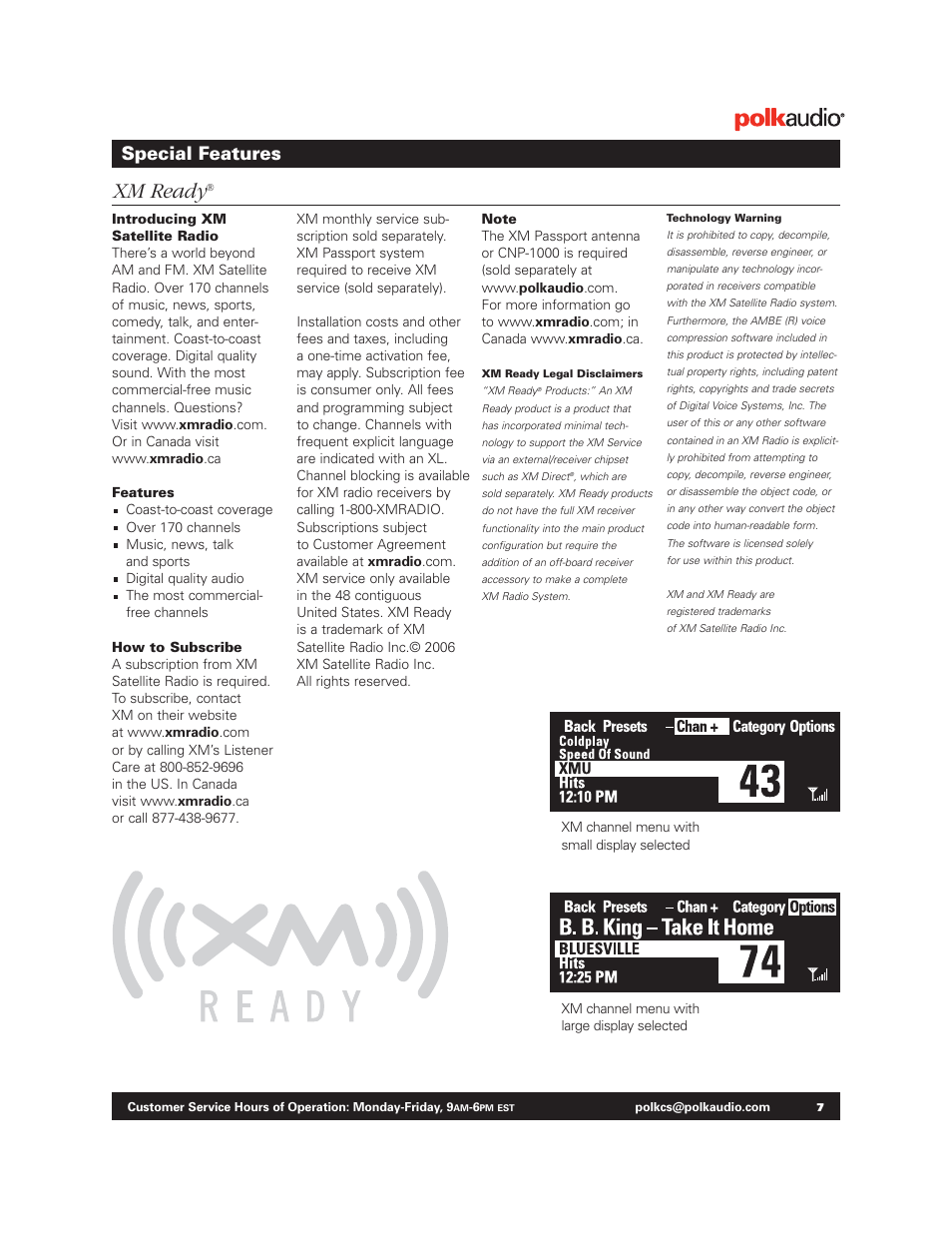 Xm ready, Special features | Polk Audio BM1125-A User Manual | Page 6 / 15