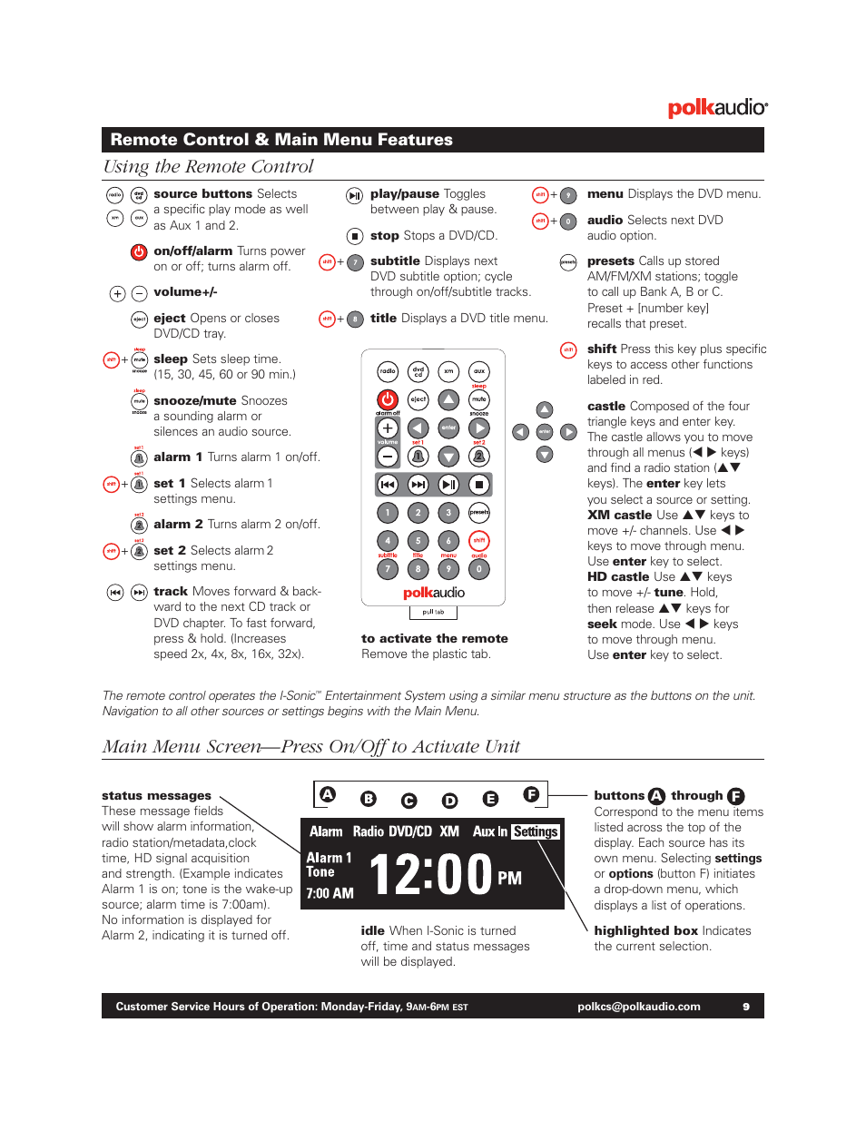 Remote control & main menu features | Polk Audio BM1125-A User Manual | Page 8 / 15