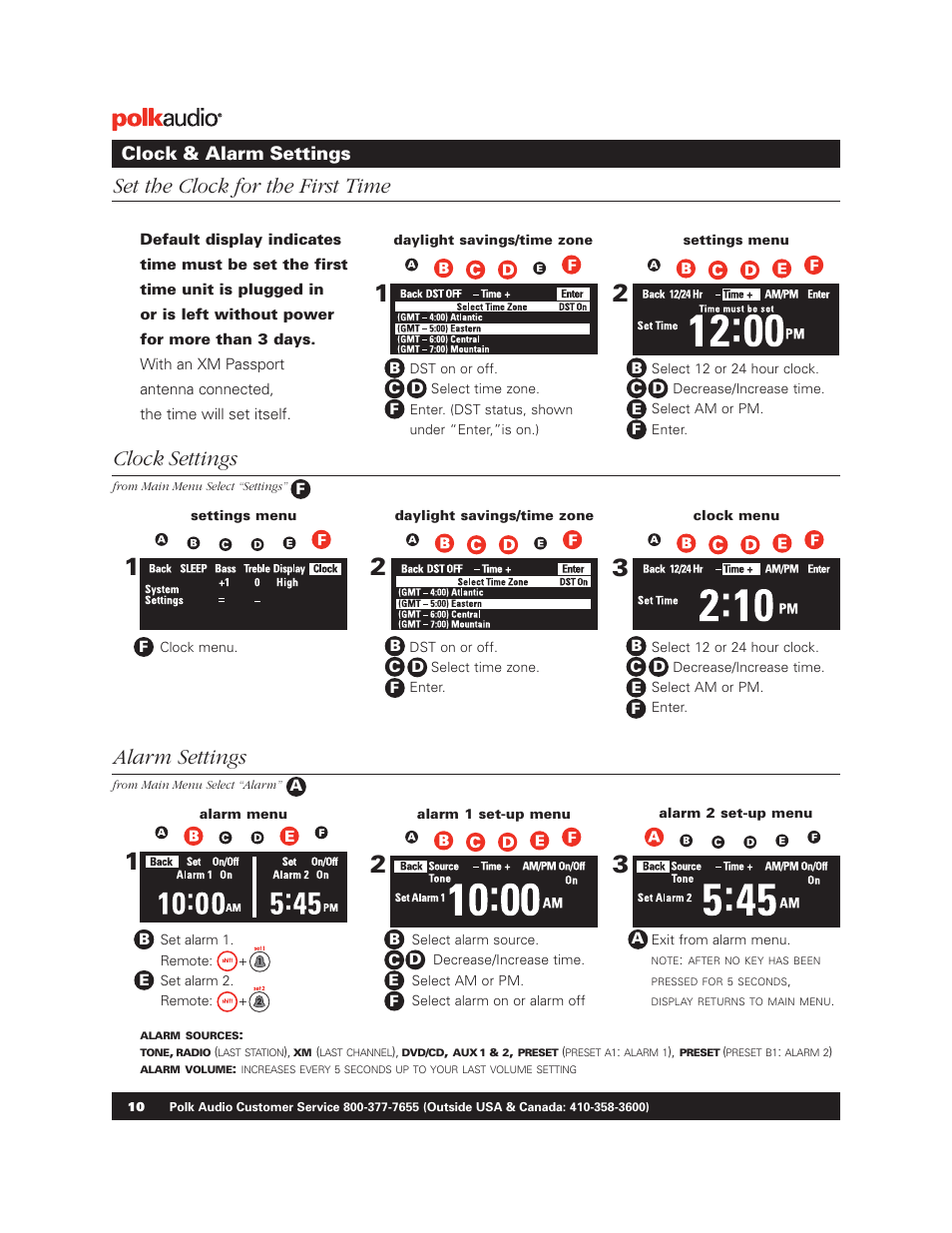 Set the clock for the first time, Alarm settings, Clock settings | Clock & alarm settings | Polk Audio BM1125-A User Manual | Page 9 / 15