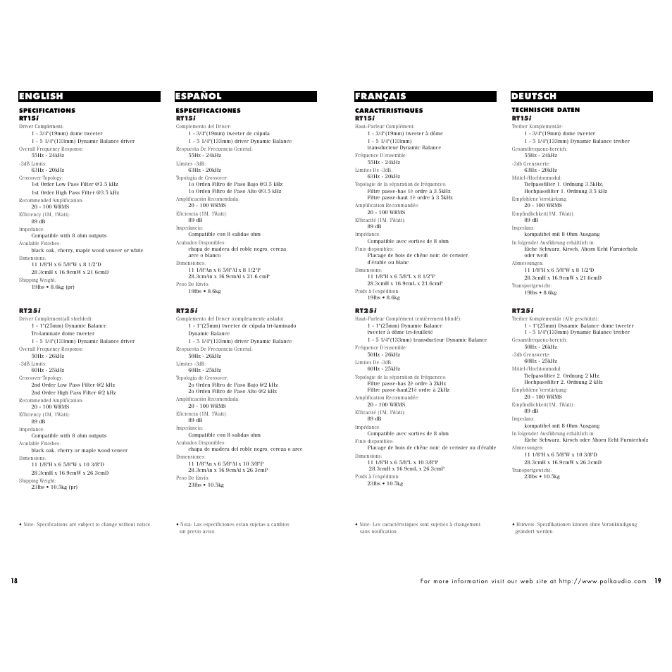 Français deutsch, English español | Polk Audio RT15 User Manual | Page 10 / 12