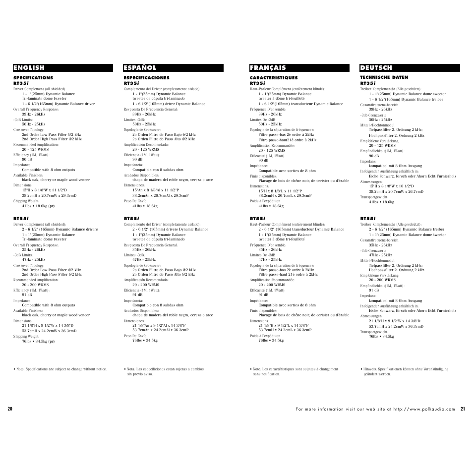 English español français deutsch | Polk Audio RT15 User Manual | Page 11 / 12