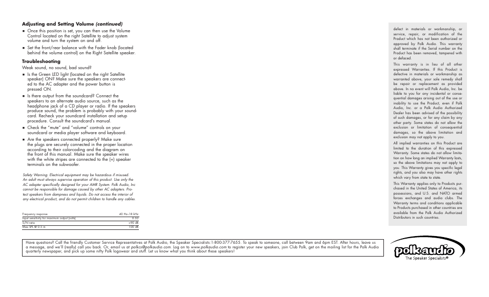Adjusting and setting volume (continued), Troubleshooting | Polk Audio Loudspeaker AMR90 User Manual | Page 2 / 2