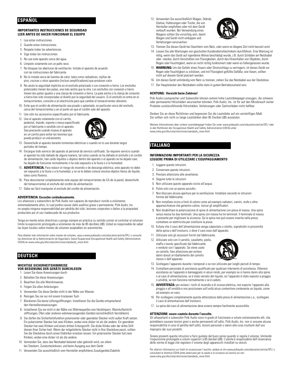 Español italiano deutsch | Polk Audio PSW10 User Manual | Page 3 / 19