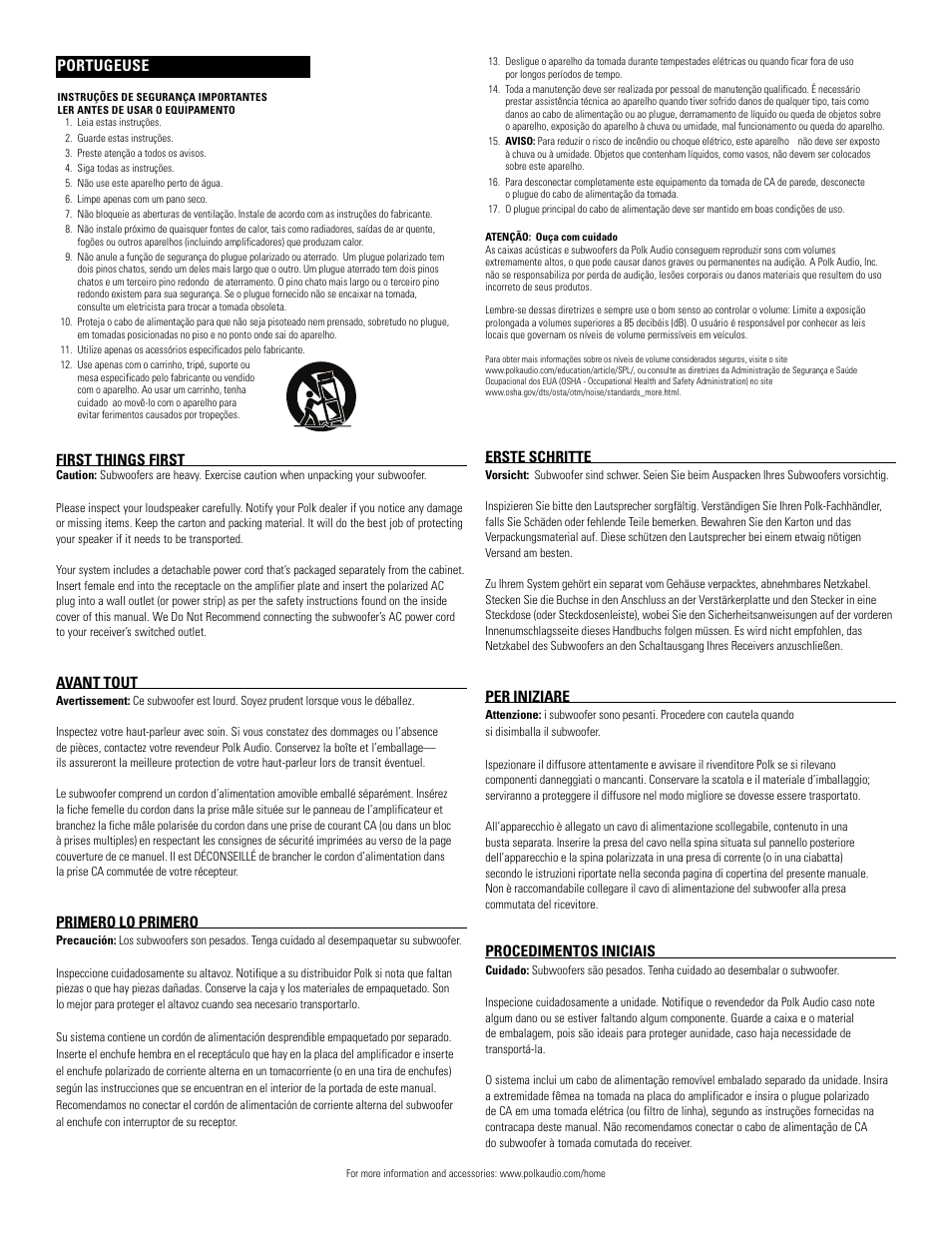 First things first, Avant tout, Primero lo primero | Erste schritte, Per iniziare, Procedimentos iniciais, Portugeuse | Polk Audio PSW10 User Manual | Page 4 / 19