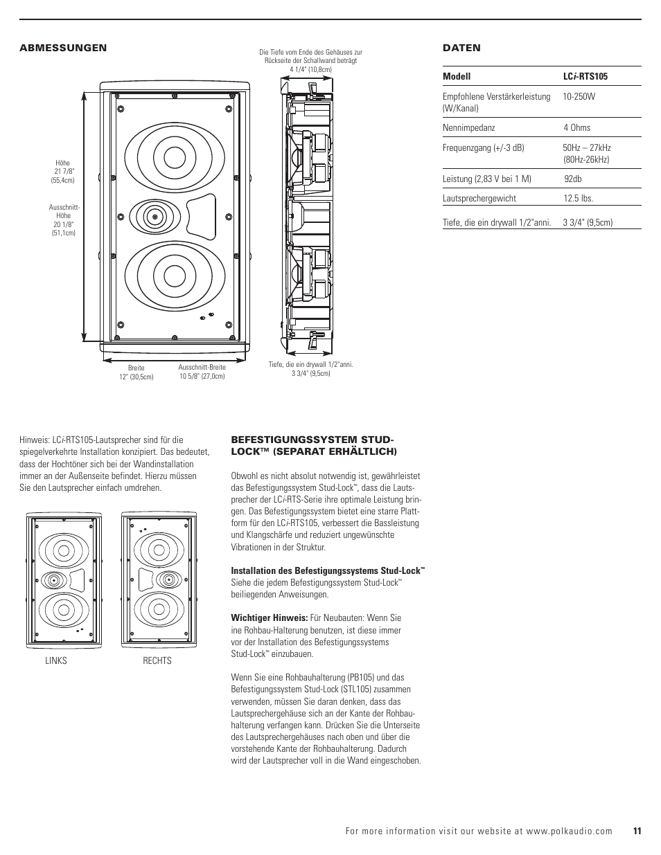 Polk Audio LCi-RTS105 User Manual | Page 11 / 28