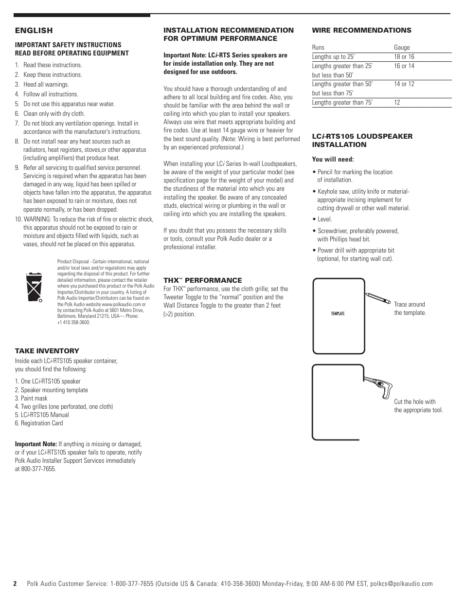 Polk Audio LCi-RTS105 User Manual | Page 2 / 28