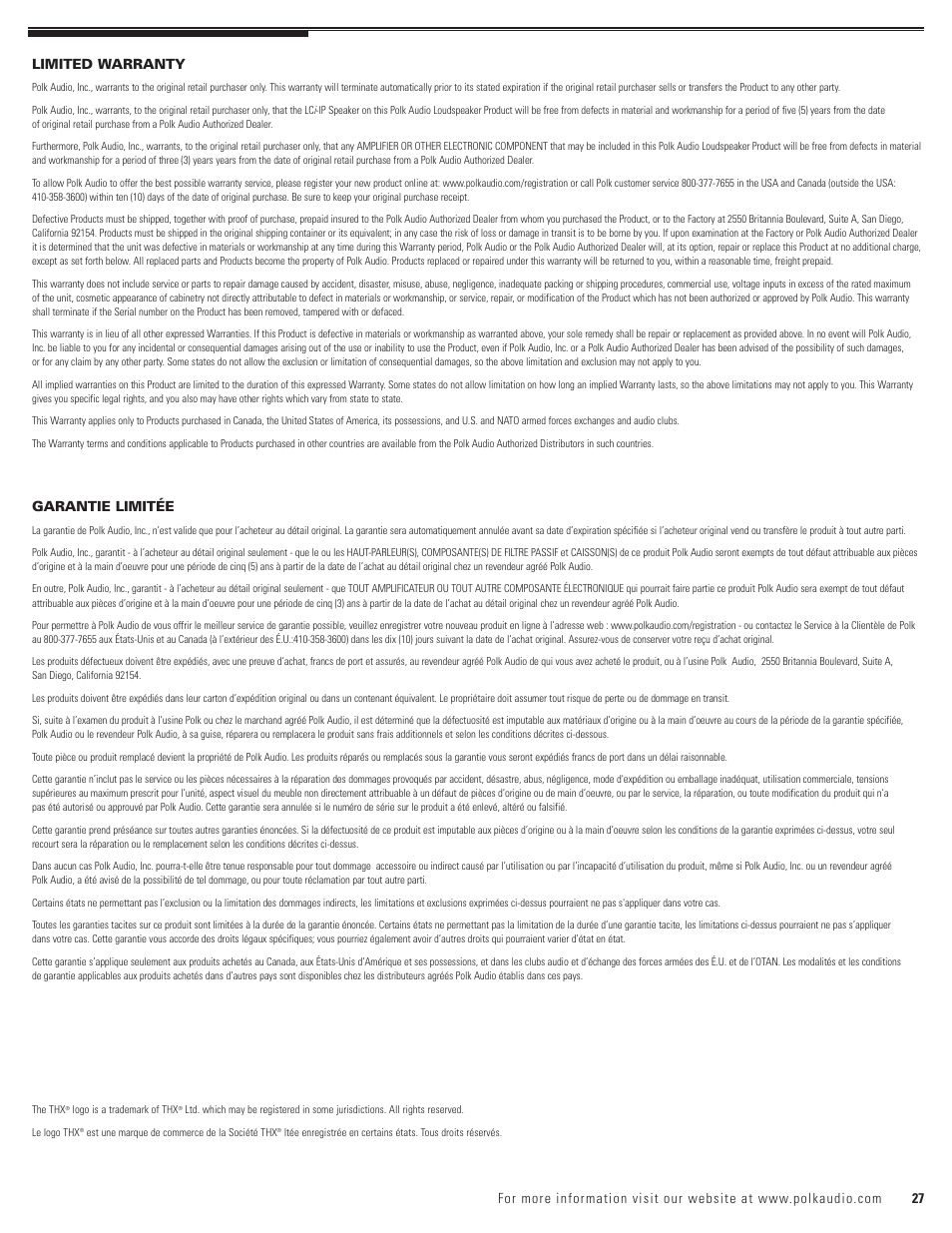 Garantie limitée | Polk Audio LCi-RTS105 User Manual | Page 27 / 28