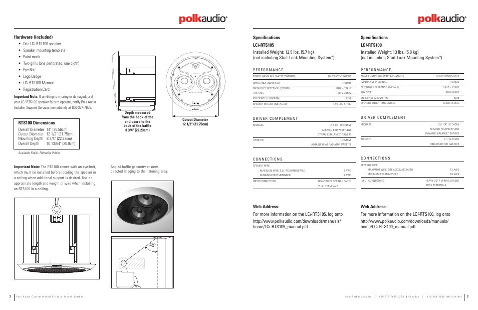 Rts100 dimensions, Hardware (included) | Polk Audio Polkaudio High Performance In-Wall Reference Theater s LCi-RTS105 User Manual | Page 2 / 3