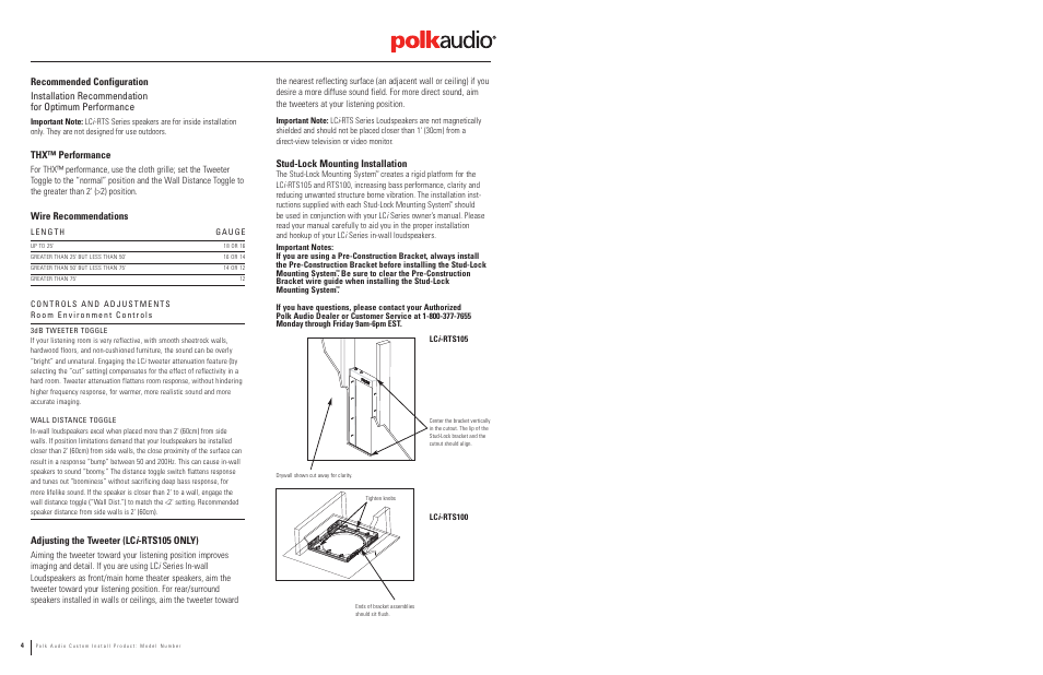 Thx™ performance, Wire recommendations, Adjusting the tweeter (lc i -rts105 only) | Stud-lock mounting installation | Polk Audio Polkaudio High Performance In-Wall Reference Theater s LCi-RTS105 User Manual | Page 3 / 3