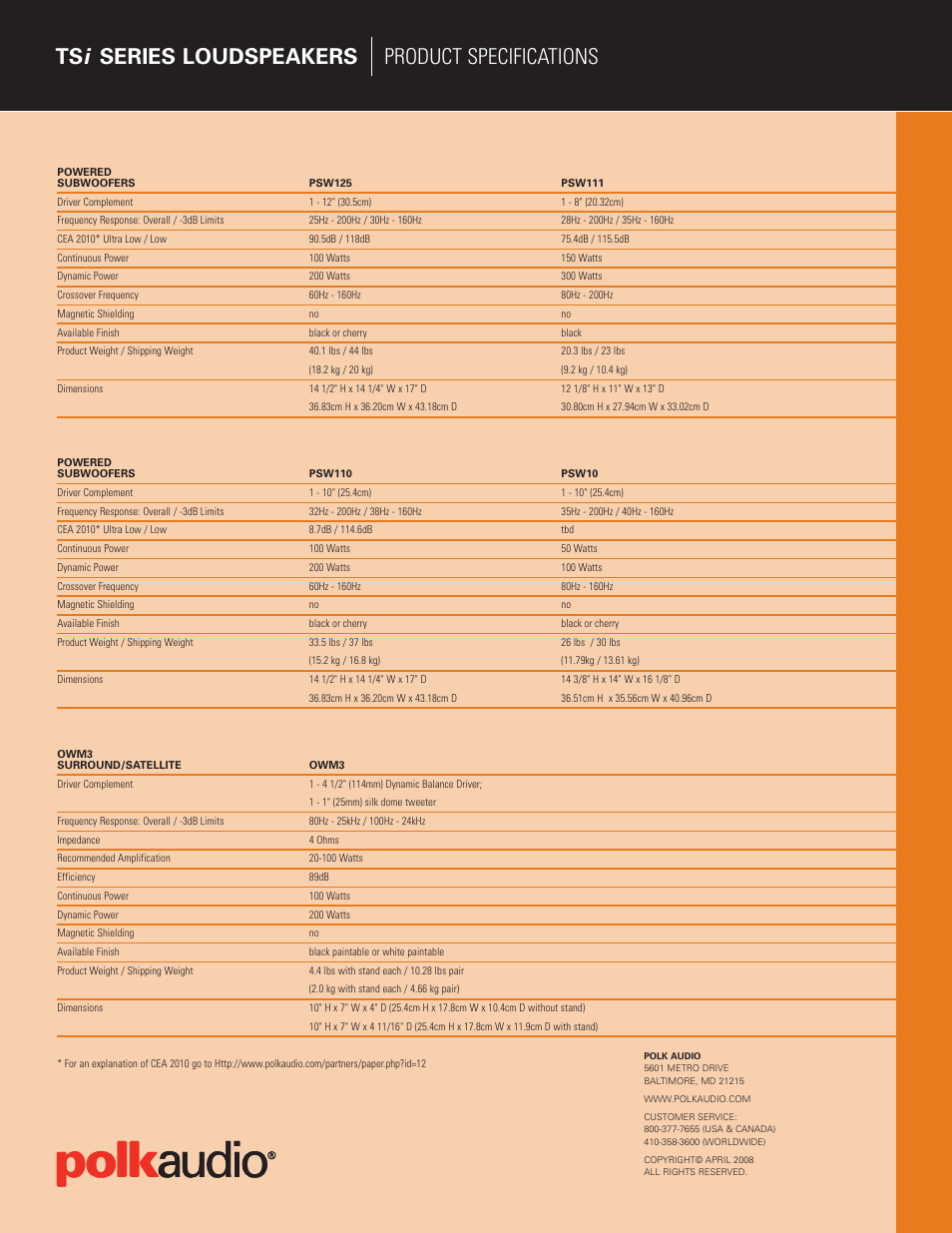 Ts i series loudspeakers product specifications | Polk Audio TSi Series User Manual | Page 12 / 12