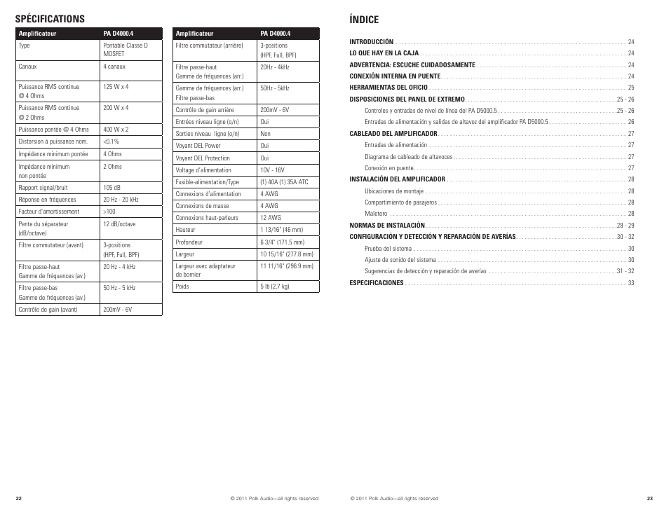 Spécifications índice | Polk Audio PAD4000.4 User Manual | Page 12 / 34
