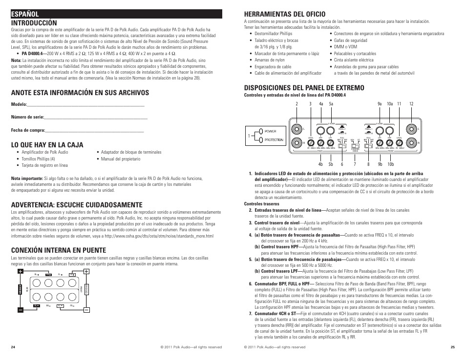 Español introducción, Lo que hay en la caja, Advertencia: escuche cuidadosamente | Conexión interna en puente, Herramientas del oficio, Disposiciones del panel de extremo | Polk Audio PAD4000.4 User Manual | Page 13 / 34