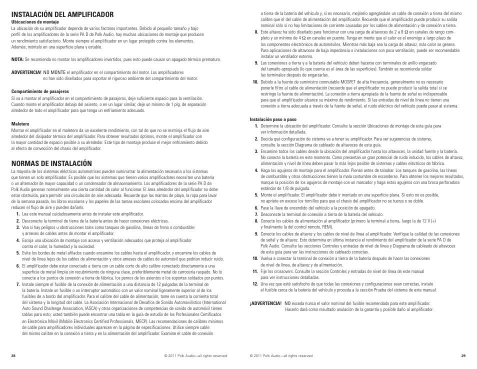 Instalación del amplificador, Normas de instalación | Polk Audio PAD4000.4 User Manual | Page 15 / 34