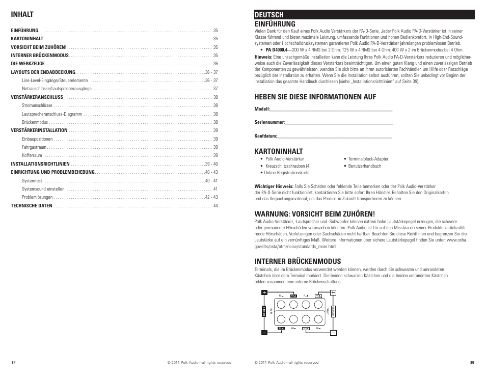 Inhalt, Deutsch einführung, Heben sie diese informationen auf | Kartoninhalt, Warnung: vorsicht beim zuhören, Interner brückenmodus | Polk Audio PAD4000.4 User Manual | Page 18 / 34