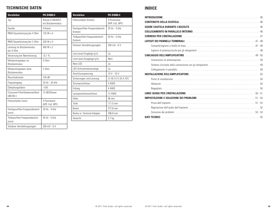 Technische daten indice | Polk Audio PAD4000.4 User Manual | Page 23 / 34