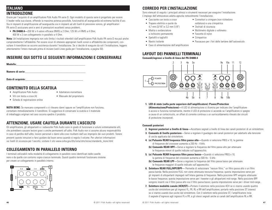 Italiano introduzione, Contenuto della scatola, Attenzione. usare cautela durante l’ascolto | Collegamento in parallelo interno, Corredo per l’installazione, Layout dei pannelli terminali | Polk Audio PAD4000.4 User Manual | Page 24 / 34