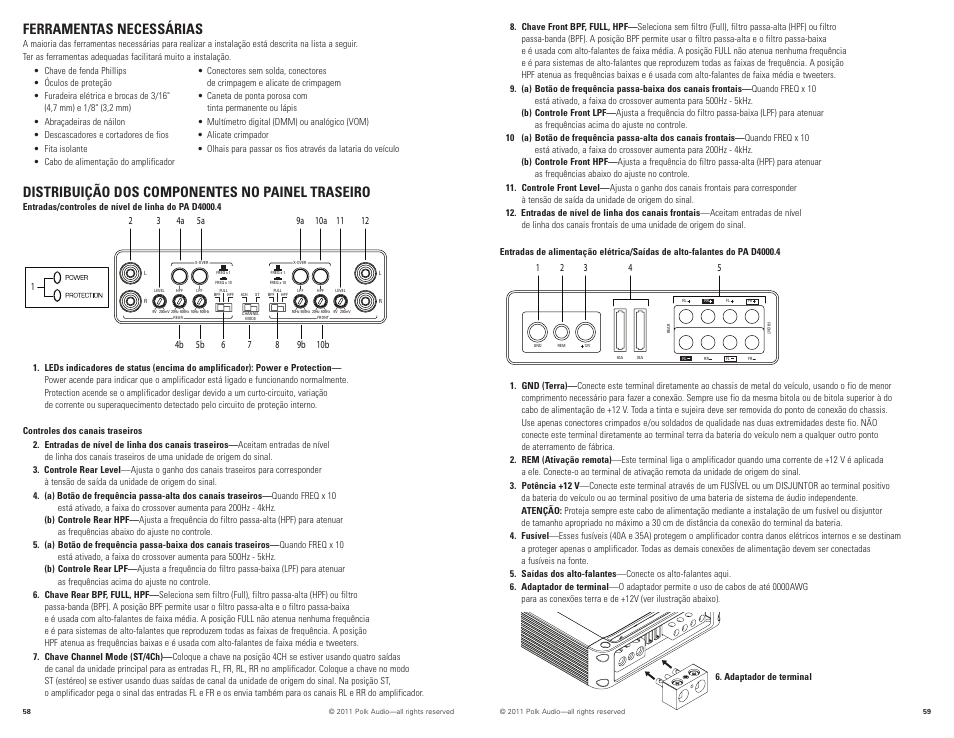 Ferramentas necessárias, Distribuição dos componentes no painel traseiro | Polk Audio PAD4000.4 User Manual | Page 30 / 34
