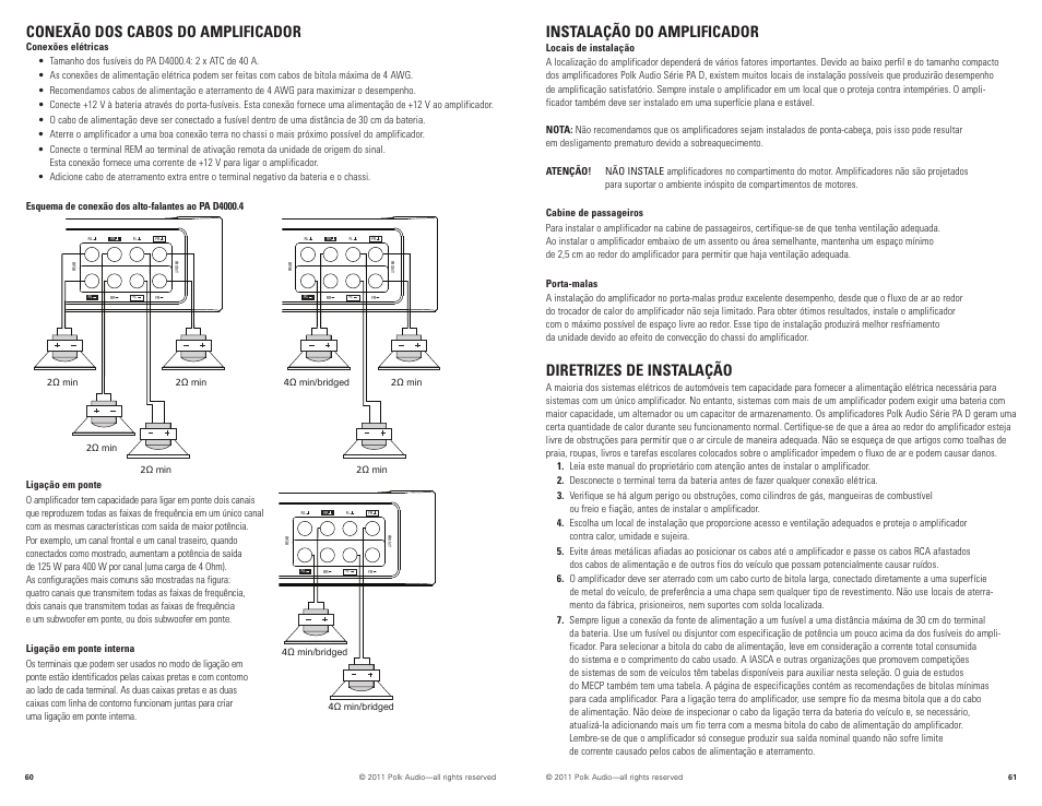 Conexão dos cabos do amplificador, Instalação do amplificador, Diretrizes de instalação | Polk Audio PAD4000.4 User Manual | Page 31 / 34