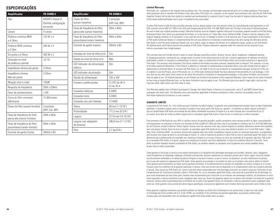 Especificações | Polk Audio PAD4000.4 User Manual | Page 34 / 34