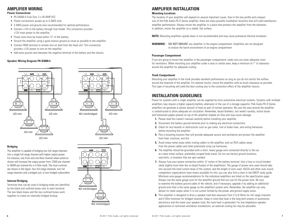 Amplifier wiring, Amplifier installation, Installation guidelines | Polk Audio PAD4000.4 User Manual | Page 4 / 34