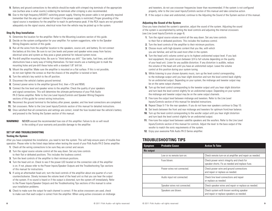 Troubleshooting tips | Polk Audio PAD4000.4 User Manual | Page 5 / 34