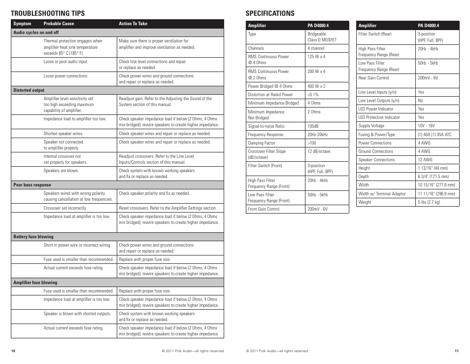 Troubleshooting tips, Specifications | Polk Audio PAD4000.4 User Manual | Page 6 / 34