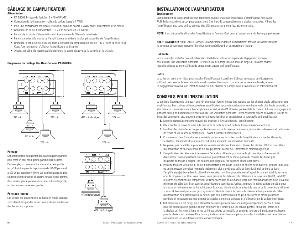 Câblage de l’amplificateur, Installation de l’amplificateur, Conseils pour l’installation | Polk Audio PAD4000.4 User Manual | Page 9 / 34