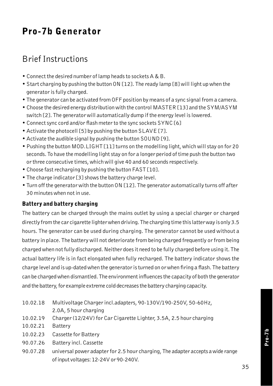 Brief instructions, Pro-7b generator | Profoto Pro-7 User Manual | Page 35 / 43
