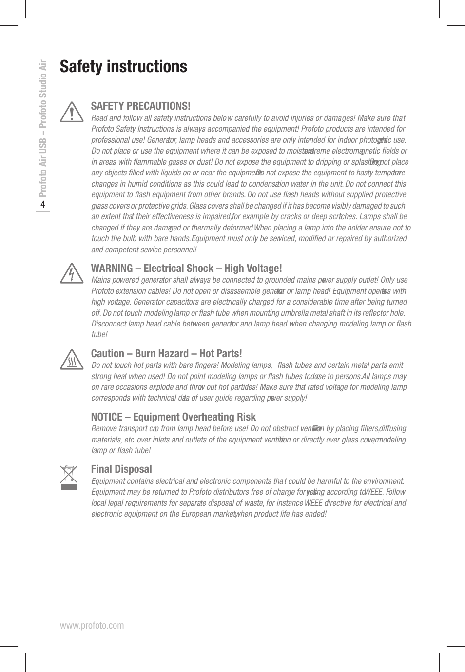 Safety instructions, Safety precautions, Warning – electrical shock – high voltage | Caution – burn hazard – hot parts, Notice – equipment overheating risk, Final disposal | Profoto D1 500 AIR User Manual | Page 4 / 24