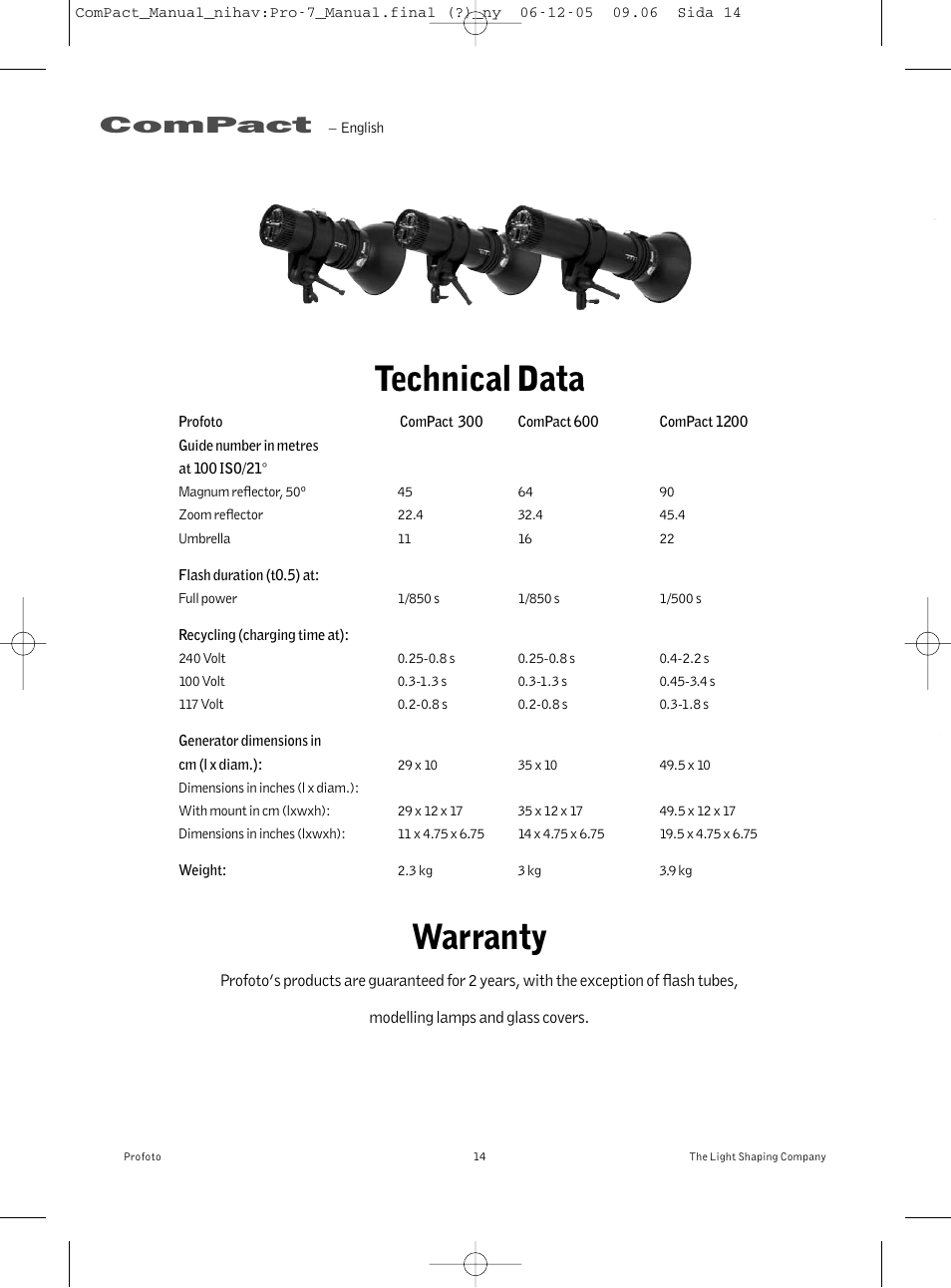 Technical data, Warranty, Compact | Profoto ComPact 300 User Manual | Page 14 / 72