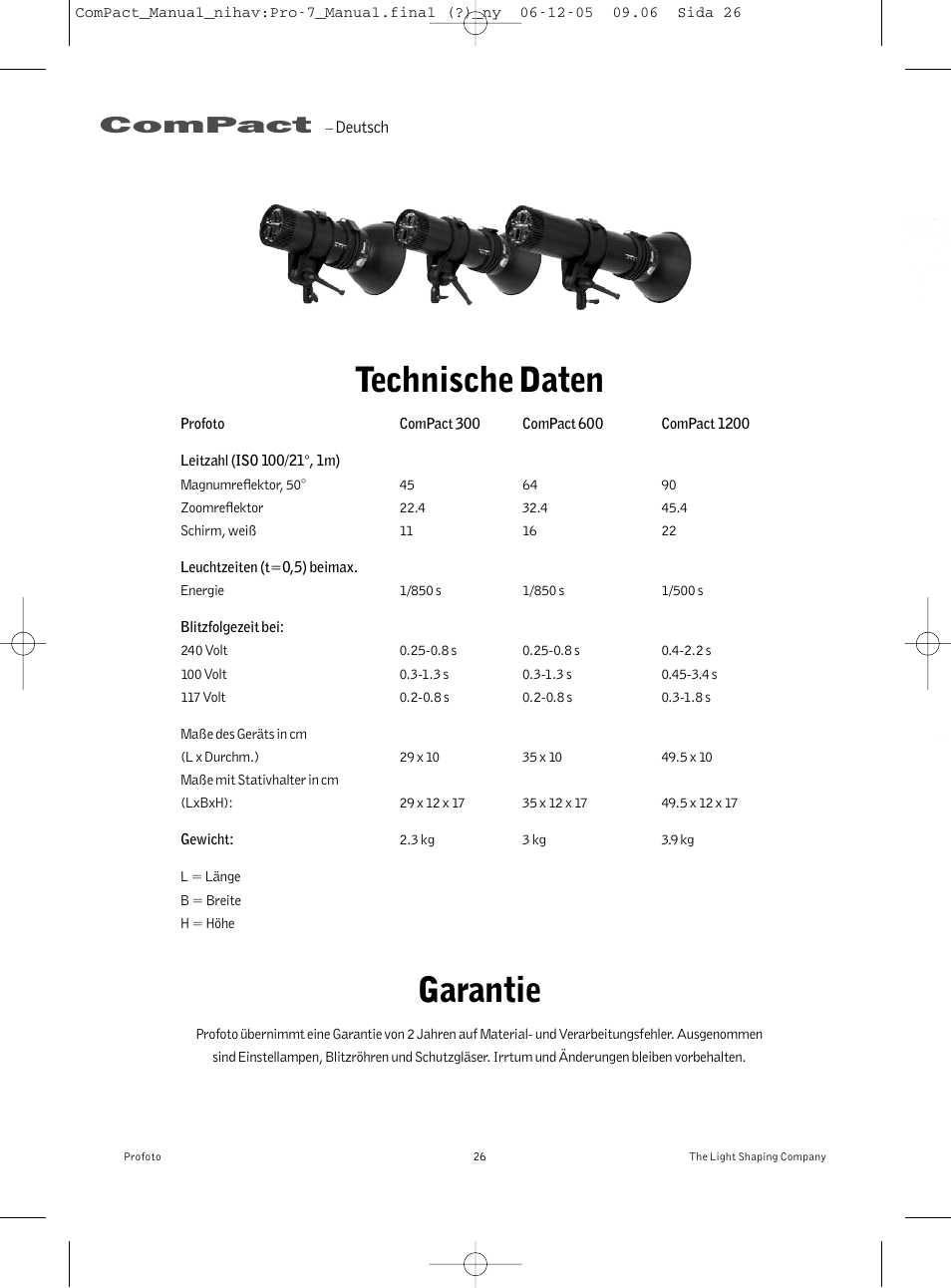 Technische daten, Garantie, Compact | Profoto ComPact 300 User Manual | Page 26 / 72