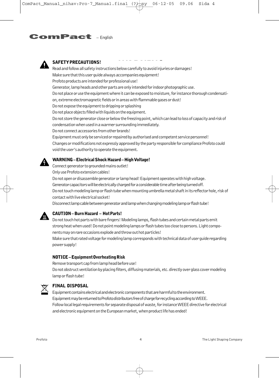 Warning | Profoto ComPact 300 User Manual | Page 4 / 72