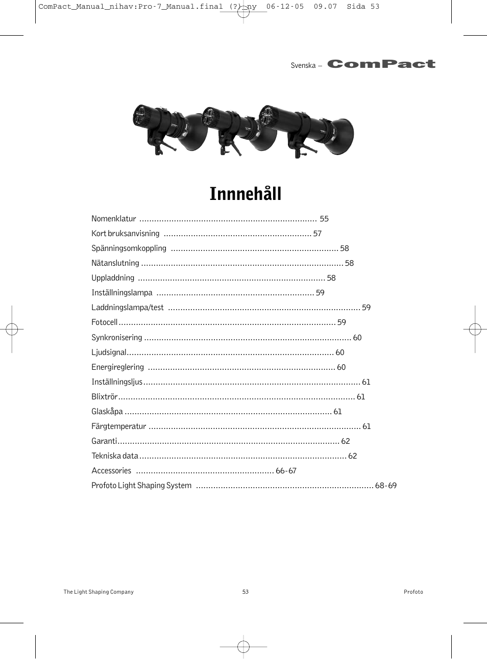 Innnehåll, Compact | Profoto ComPact 300 User Manual | Page 53 / 72