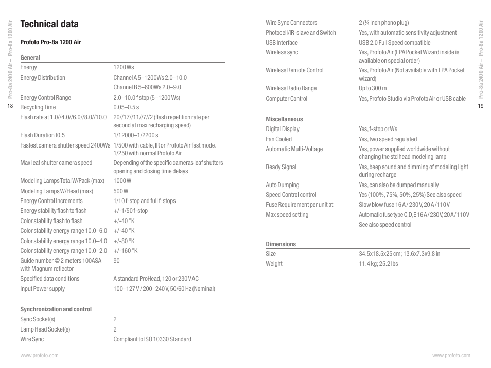 Technical data | Profoto Pro-8a Generator Pro-8a 2400 Air User Manual | Page 10 / 12