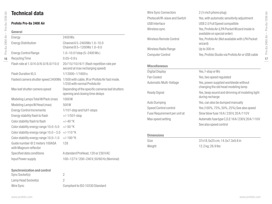 Technical data | Profoto Pro-8a Generator Pro-8a 2400 Air User Manual | Page 9 / 12