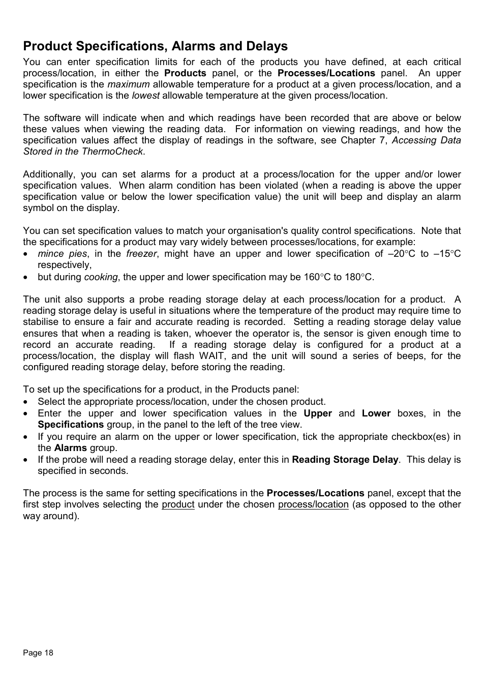 Product specifications, alarms and delays | Piega Thermo Check for Windows 1.6 User Manual | Page 22 / 44