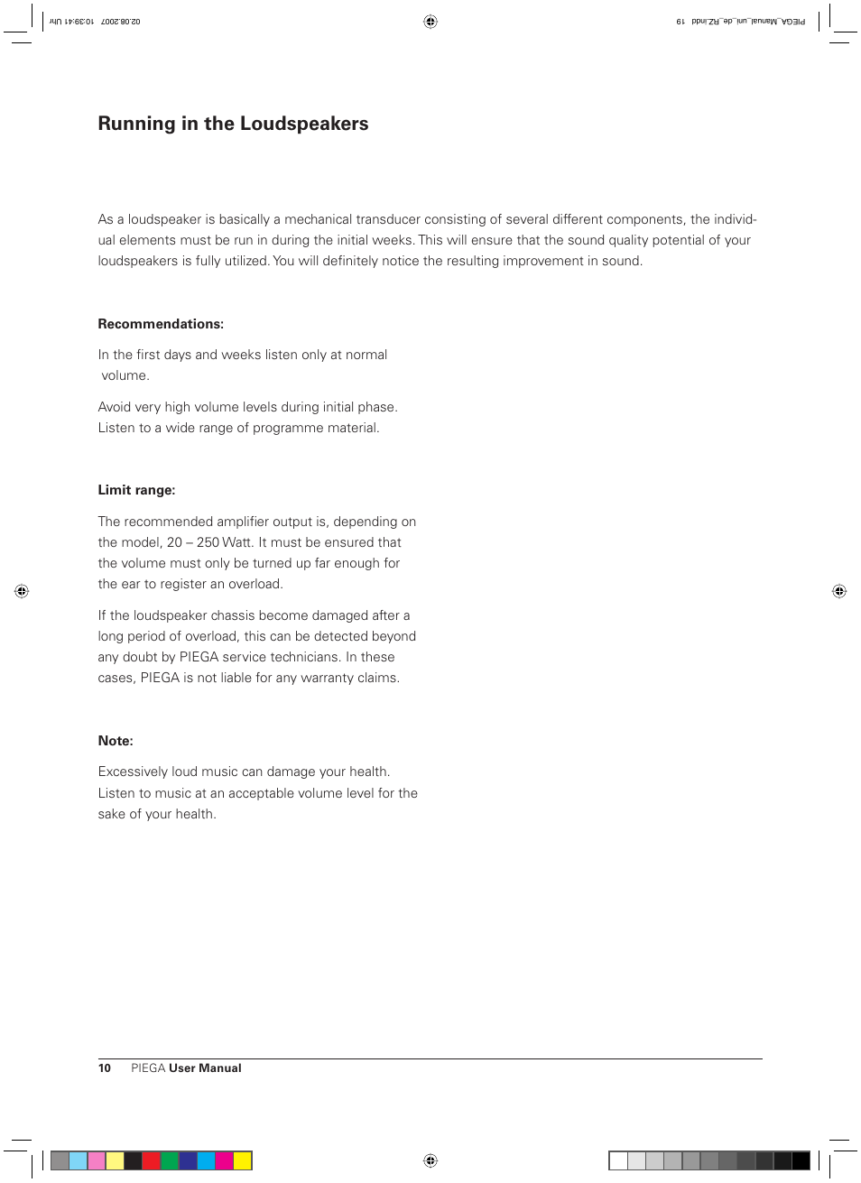 Running in the loudspeakers | Piega Owners Manual Loudspeaker User Manual | Page 10 / 13