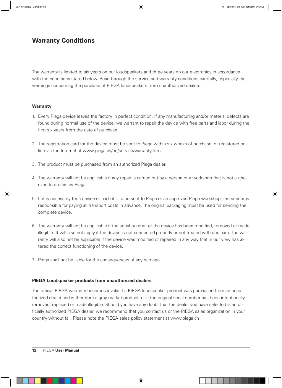 Warranty conditions | Piega Owners Manual Loudspeaker User Manual | Page 12 / 13