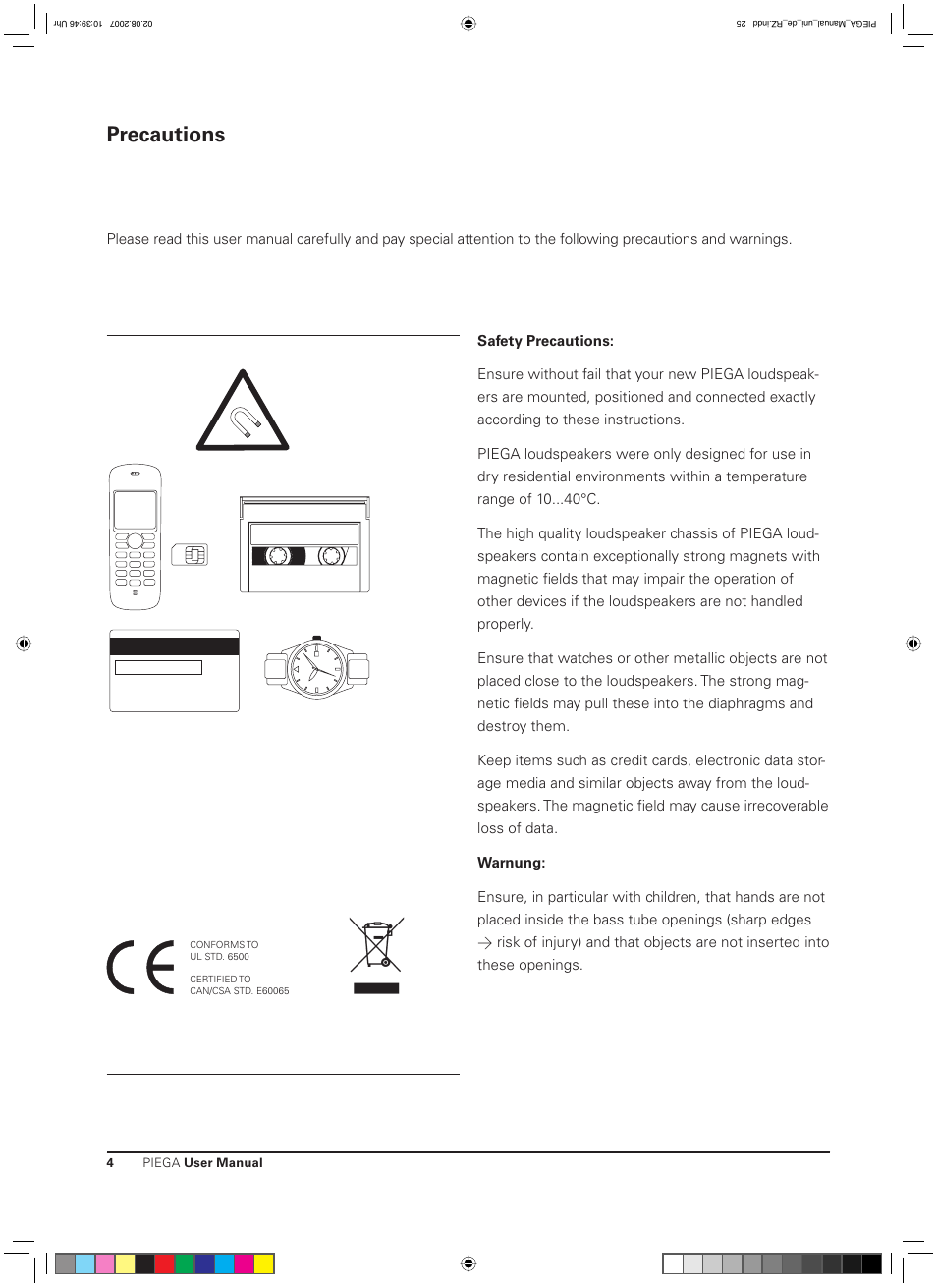Precautions | Piega Owners Manual Loudspeaker User Manual | Page 4 / 13