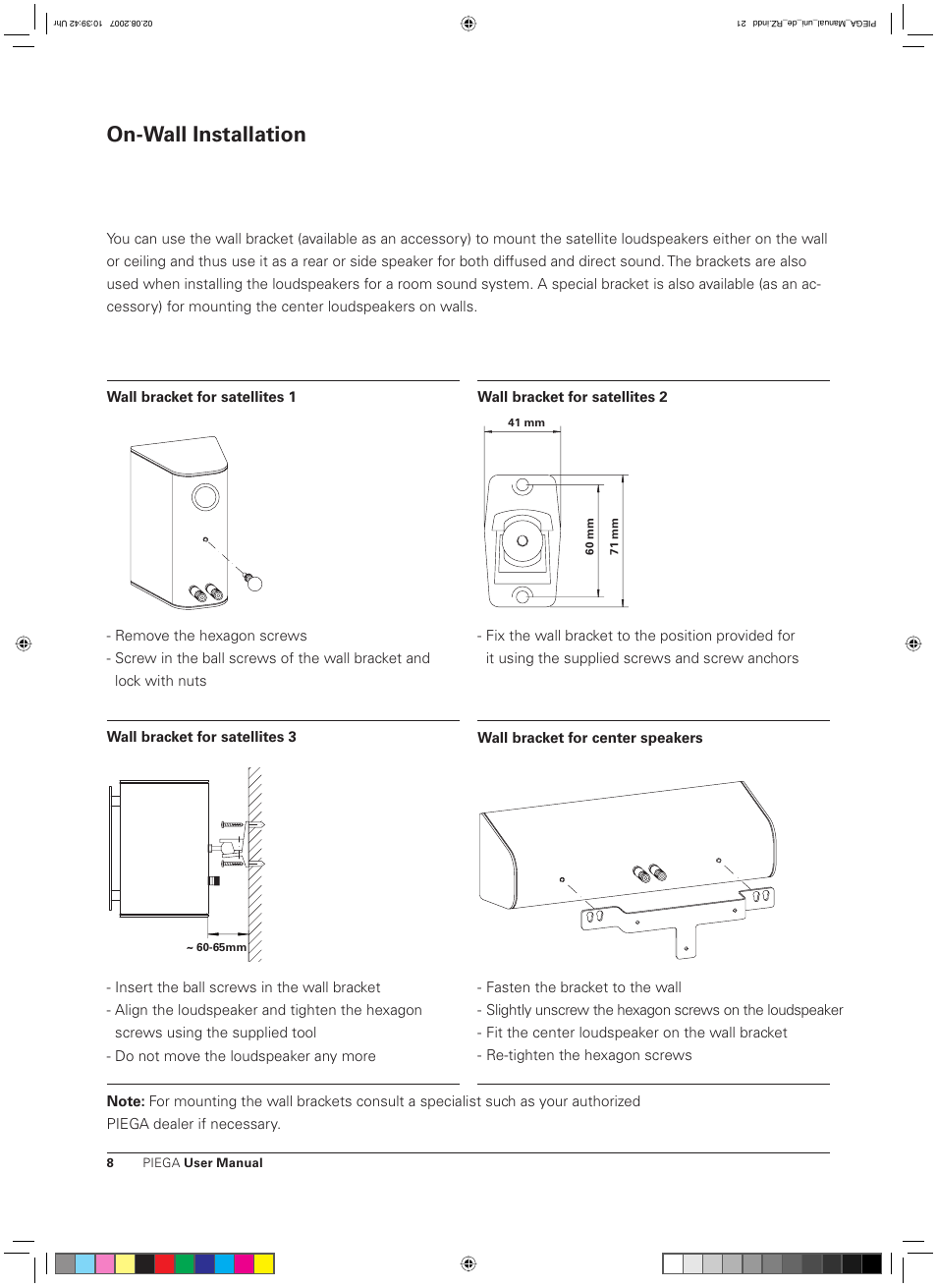 On-wall installation | Piega Owners Manual Loudspeaker User Manual | Page 8 / 13