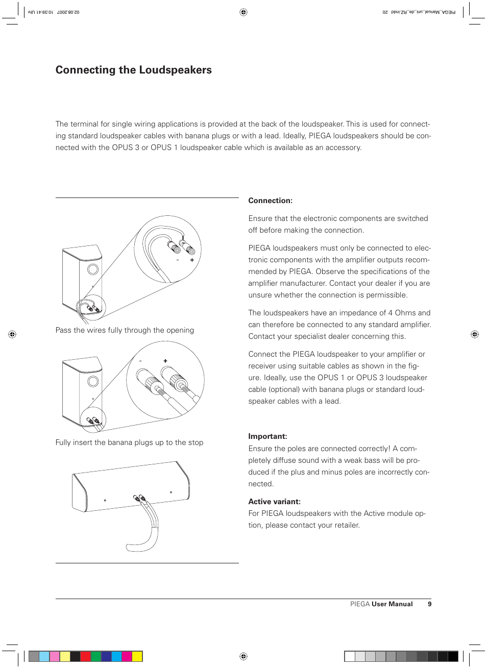 Connecting the loudspeakers | Piega Owners Manual Loudspeaker User Manual | Page 9 / 13