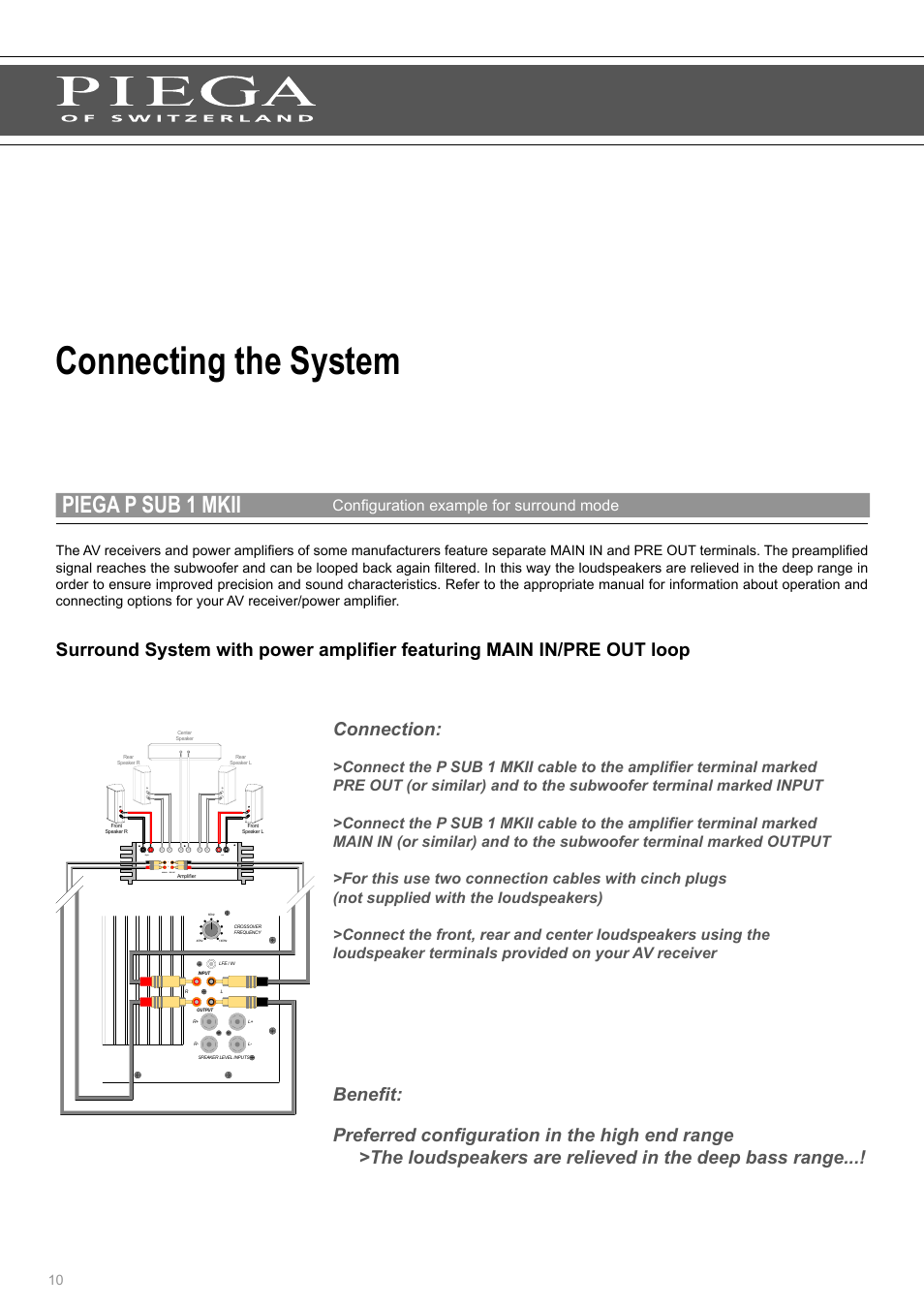 Connecting the system, Piega p sub 1 mkii, Connection | Configuration example for surround mode | Piega SUB 1 MKII User Manual | Page 10 / 16
