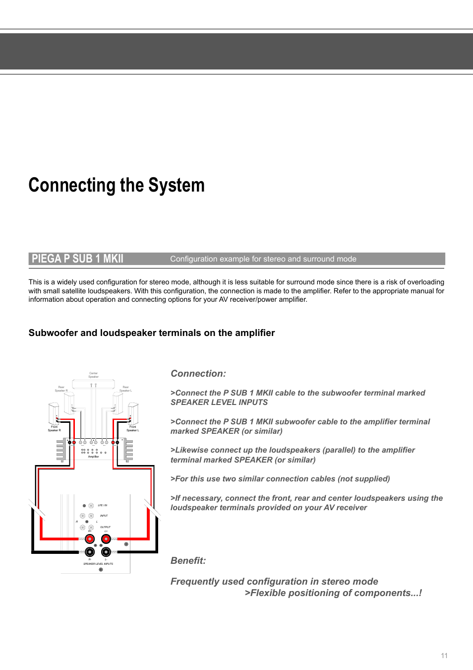 Connecting the system, Piega p sub 1 mkii, Connection | Configuration example for stereo and surround mode | Piega SUB 1 MKII User Manual | Page 11 / 16