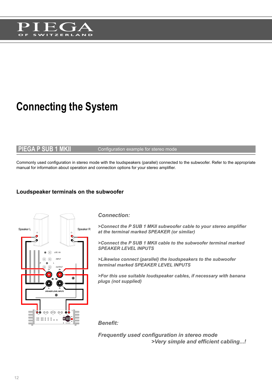 Connecting the system, Piega p sub 1 mkii, Loudspeaker terminals on the subwoofer | Configuration example for stereo mode | Piega SUB 1 MKII User Manual | Page 12 / 16