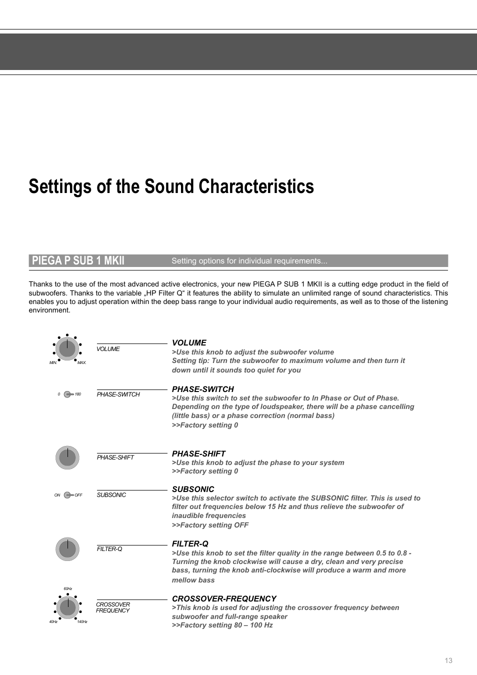 Settings of the sound characteristics, Piega p sub 1 mkii | Piega SUB 1 MKII User Manual | Page 13 / 16