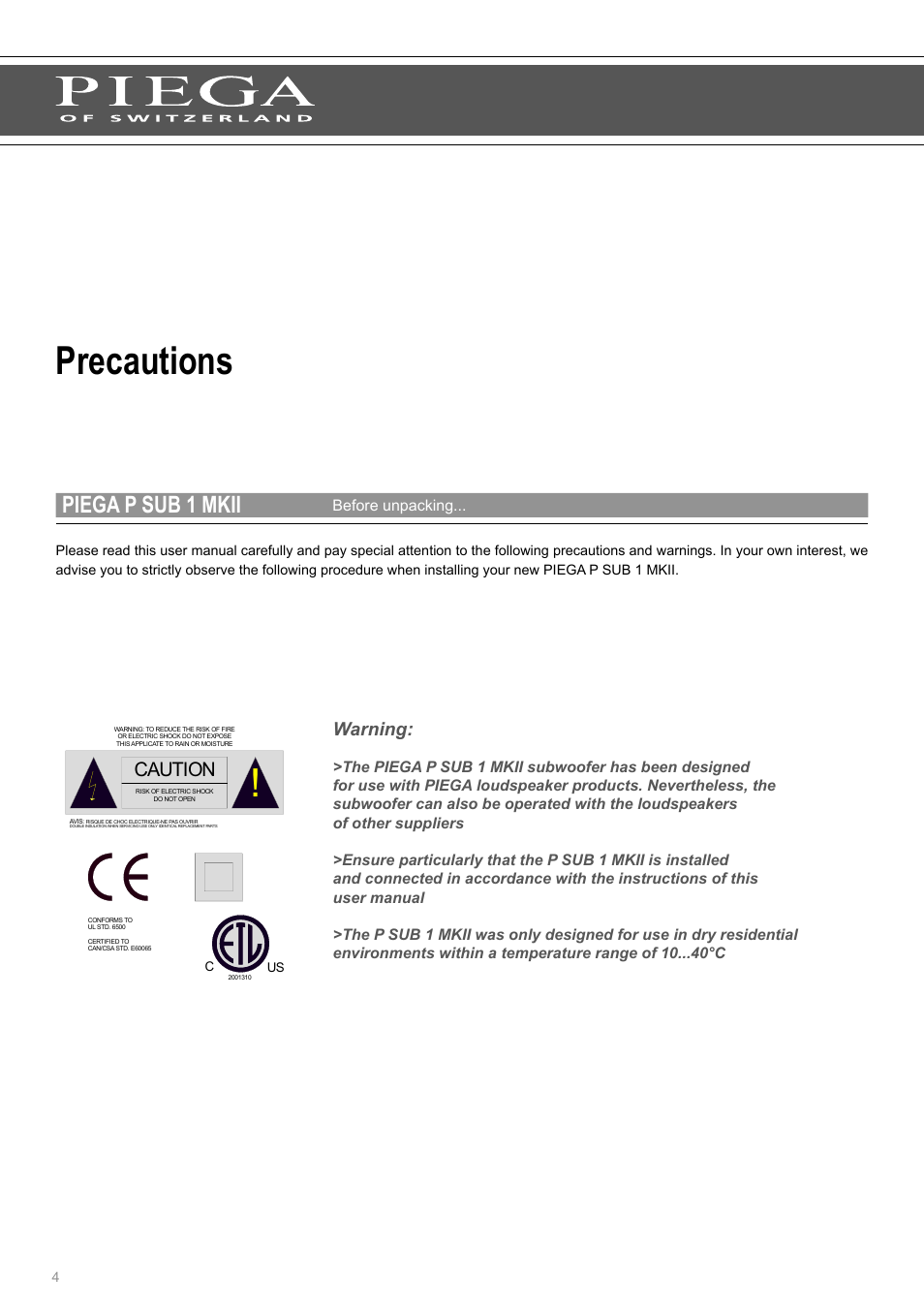 Precautions, Piega p sub 1 mkii, P sub 1 mkii | Caution, Warning | Piega SUB 1 MKII User Manual | Page 4 / 16