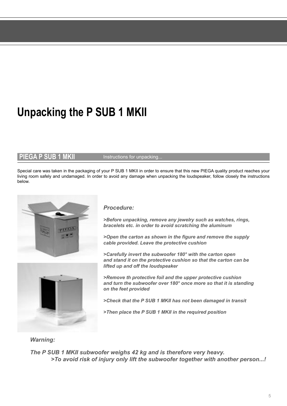 Unpacking the p sub 1 mkii, Piega p sub 1 mkii | Piega SUB 1 MKII User Manual | Page 5 / 16