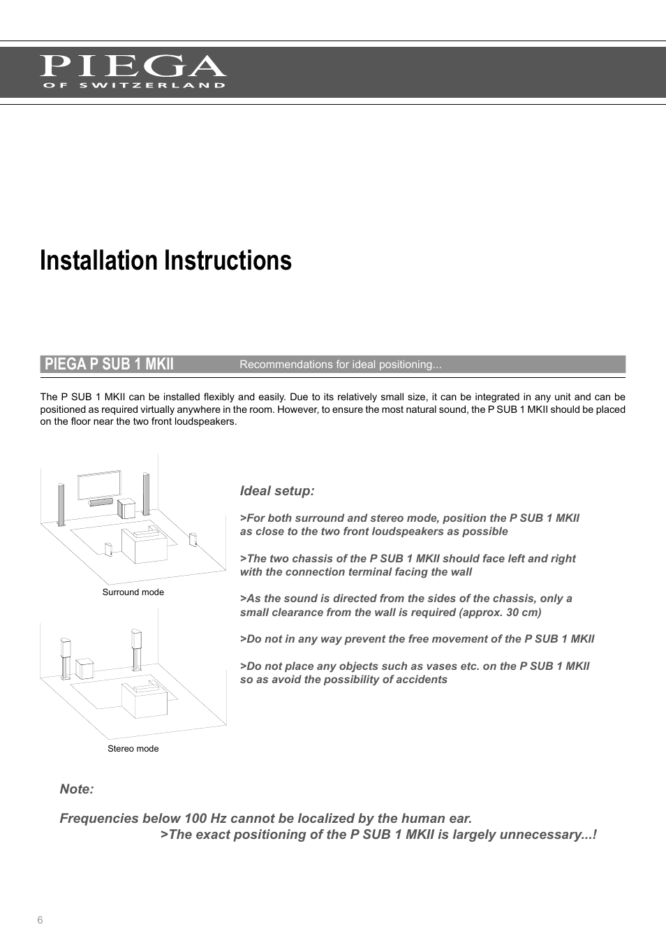 Installation instructions, Piega p sub 1 mkii | Piega SUB 1 MKII User Manual | Page 6 / 16