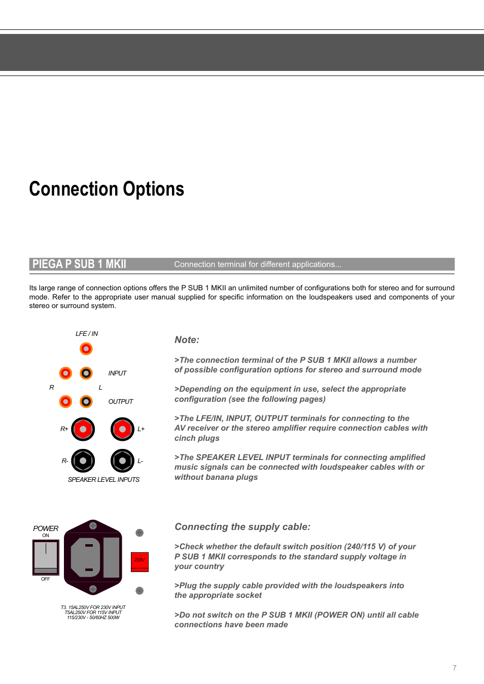 Connection options, Piega p sub 1 mkii, Connecting the supply cable | Piega SUB 1 MKII User Manual | Page 7 / 16