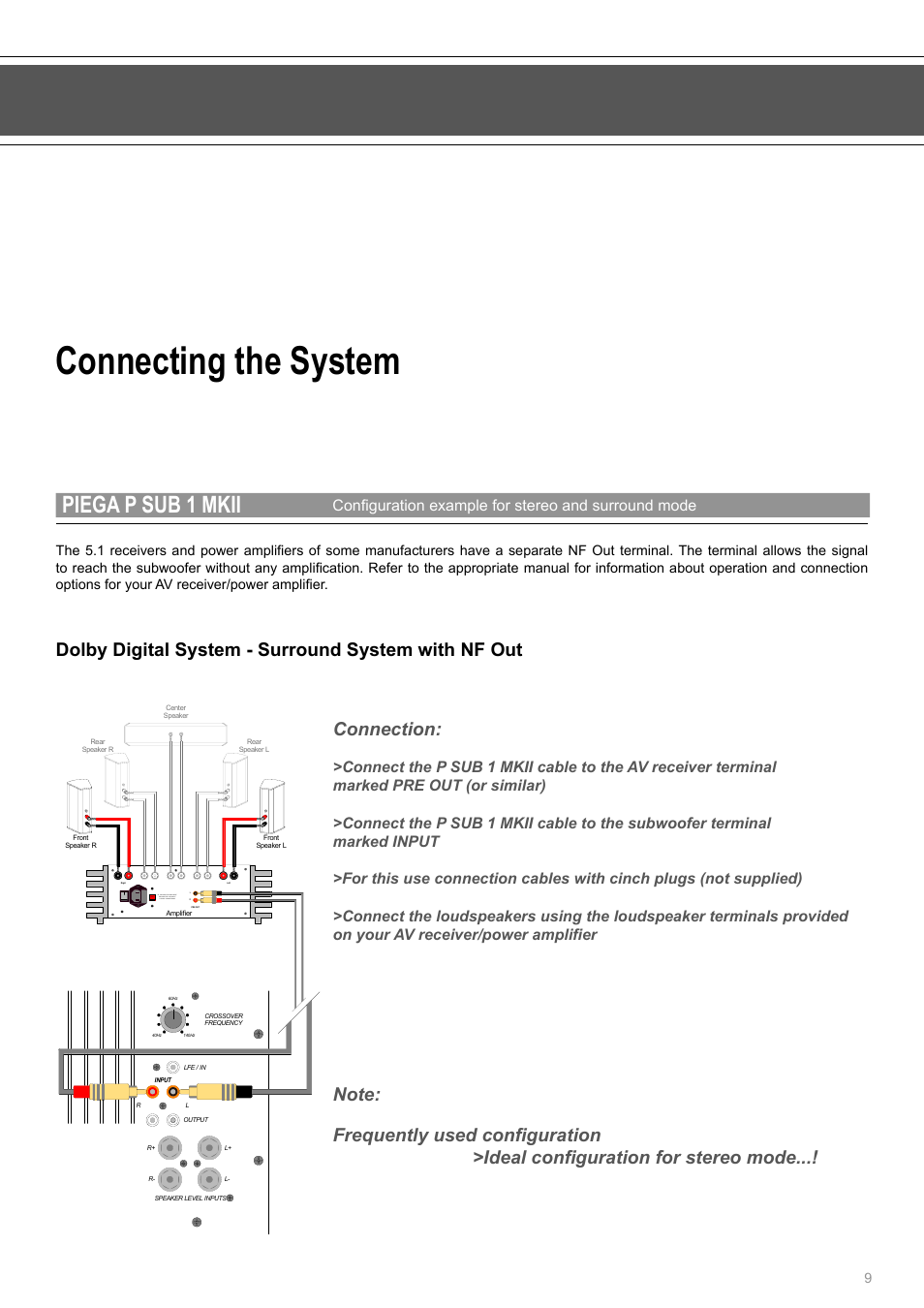 Connecting the system, Piega p sub 1 mkii, Dolby digital system - surround system with nf out | Connection, Configuration example for stereo and surround mode | Piega SUB 1 MKII User Manual | Page 9 / 16